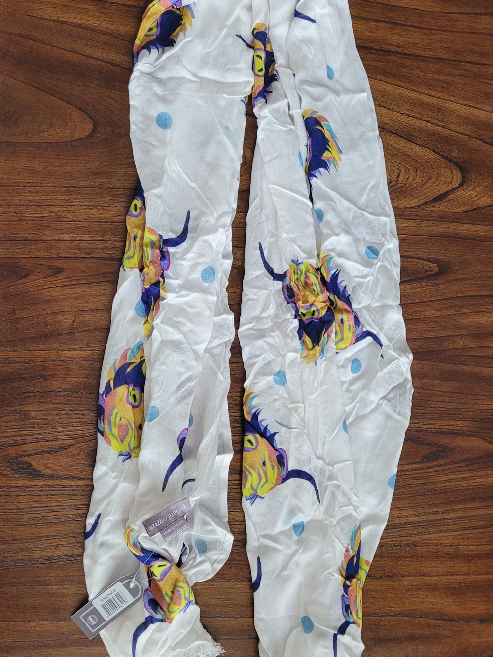 Scattered Highland Cow Print Woman's Scarf - White with Yellow & Blue Accents